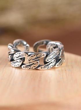 网红- S925银戒指 复古做旧 编织印花锁链设计款开口指环女戒饰