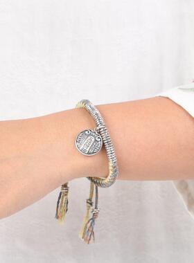 网红 925银盘缠手链手工五彩绳五路财银牌锤纹盘缠圈女手串