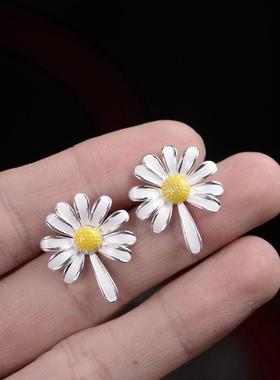 网红-S925银复古文艺时尚小雏菊戒指耳饰耳钉项链吊坠女气质套装