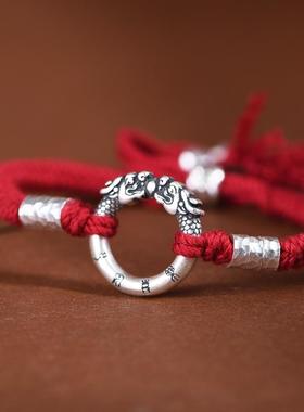 网红- 足银锤纹盘缠圈双龙头实心银环手工编织红绳女款手链手环