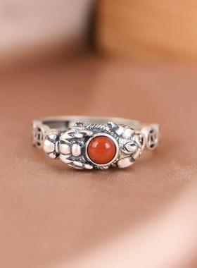 网红- S925银戒指 复古做旧古钱币银貔貅镶南红可调节女款指环戒
