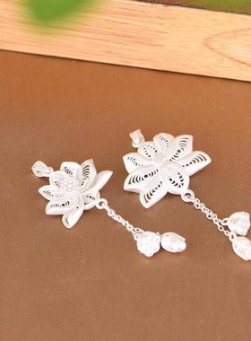 网红-足银吊坠简约时尚素银花丝两世欢莲花莲蓬流苏女款项链坠子