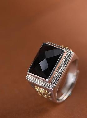 网红-S925银复古麻花纹镶嵌方块玛瑙金色铜瑞兽图案男款开口戒指