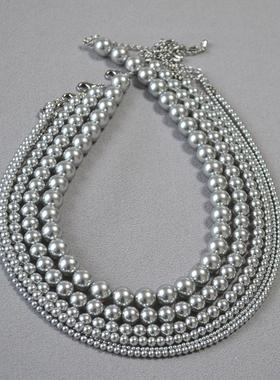 法式清冷月光高亮银灰色真多麻仿施家水晶珍珠简约叠带项链锁骨链