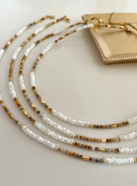 简约复古贝母算盘珠天然石圆珠串珠项链女轻奢百搭气质叠戴锁骨链