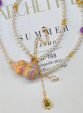 日本品质新中式民族风饰品配链珍珠贝国风百搭珍珠大漆葫芦项链女