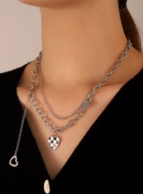 ins冷淡风黑白方格吊坠项链甜酷潮流棋盘格双层锁骨链长款毛衣链