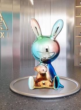 卡通玻璃钢电镀彩兔雕塑样板落地摆件酒店客厅色桌子星际兔面间装