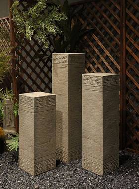 柱新中式玄关装饰摆件花仿石公底座客厅办III室复古展示台园盆景