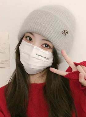 新款M标毛线帽雪地护耳高端滑雪帽加厚保暖大头围针织帽女冬