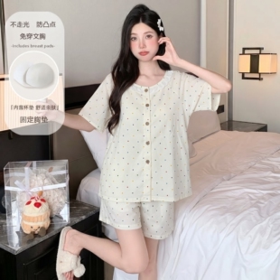 带胸垫防走光睡衣女夏季短袖短裤水墨紫套装