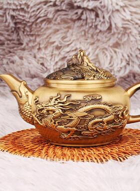 黄铜D-0626摆件客厅房喝茶家茶呈桌龙凤居祥龙头盖龙凤茶壶金书属