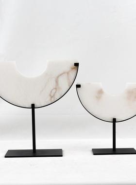 新中式半圆玉璧样板间客厅玄关书房摆件雕塑平安扣大理石软装饰品