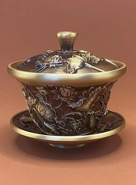 黄铜盖碗三件套茶碗工艺品摆件茶具茶杯佛前供水碗龙凤杯盏莲花杯