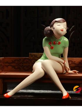 陶瓷彩色仕女摆件创意现代仕女居家玄关会所美女人物工艺品摆设