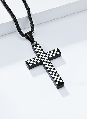 电商新款黑白格钛钢十字架项链小