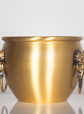 速发宫黄铜故纯缸手工狮首艺纯铜聚宝盆摆件聚财香炉家居工缸品装