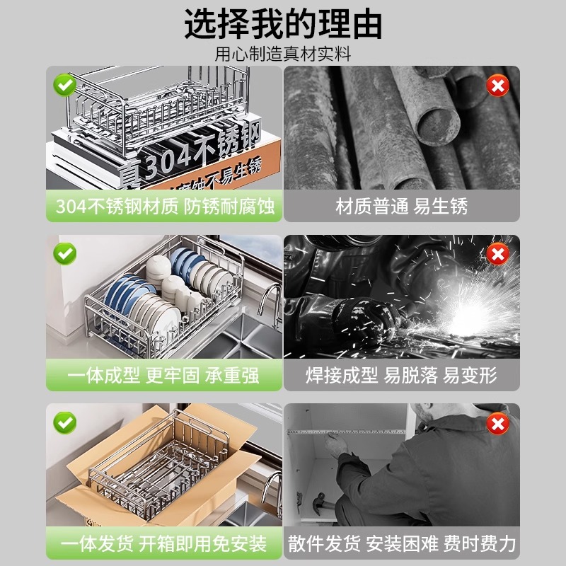 304不锈钢厨房置物架家用碗碟收纳架碗架沥水篮放碗筷碗盘沥水架 - 图3