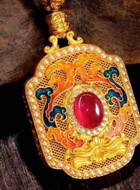 王妃方牌项链女古法珐琅轻奢复古镶嵌珍珠吊坠女款宫廷风高级感款