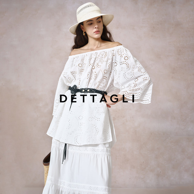 Detali casual resort style white French one-neck long-sleeved hollow shirt top