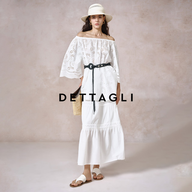 Detali casual resort style white French one-neck long-sleeved hollow shirt top