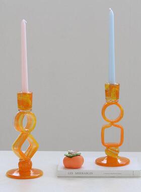 北欧ins风彩色玻璃烛台网红餐厅创意烛台摆件简约婚庆烛台装饰品