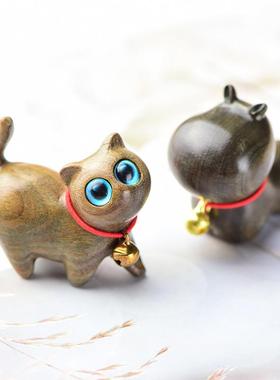 黑檀木猫咪摆件把玩铃铛可爱小猫手工迷你桌面系创意简约礼物