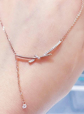 微笑星光结项链女纯银玫瑰金镶钻流苏蝴蝶结微笑锁骨链简约礼物潮