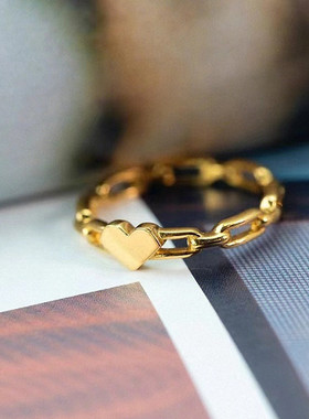 爱心心形镂空戒指 女纯银镀18K黄金色几何链条指环桃心简约礼物潮