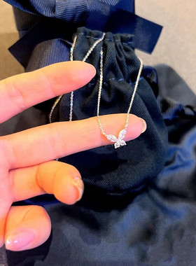 迷你小蝴蝶项链女纯银白金色镶钻锁骨链小巧精致时尚日常百搭礼物