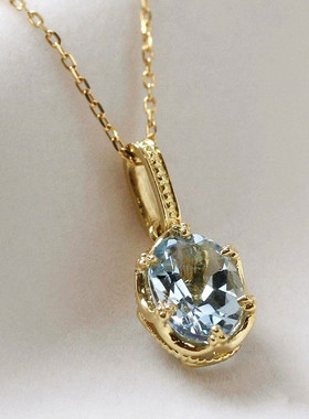 日本蛋形海蓝宝项链女纯银镀黄金色单钻锁骨链高级轻奢设计时尚潮