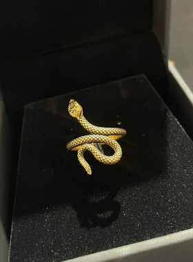 古埃及独白蛇形戒指 女纯银镀18K黄金色做旧开口可调节灵蛇指环潮
