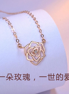 山茶花镂空项链 女纯银玫瑰金单钻花朵锁骨链简约百搭高级礼物INS