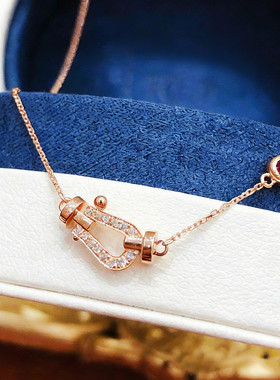 红宝石马蹄扣项链 女纯银玫瑰金半钻吊坠锁骨链气质名媛气质礼物