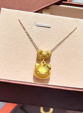 周先生蝴蝶结Hello Kitty项链女纯银镀18K黄金色凯蒂猫锁骨链甜美