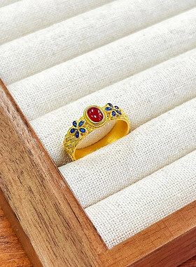 花丝龙凤华戒指 女纯银镀18K黄金色珐琅红蓝宝石拉丝指环复古国风