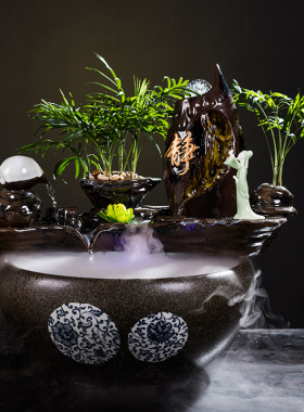 速发陶瓷泉缸流水摆件客喷厅鱼家用缸桌面大号中式招财养鱼盆