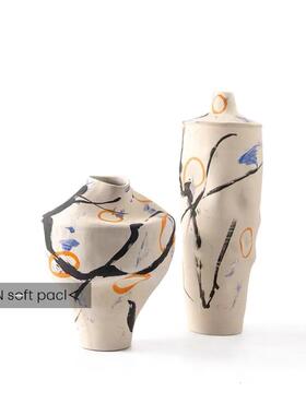 中式复古侘寂风异形彩绘花瓶摆件样板间书房民宿客厅花插花器装饰