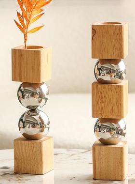 现代轻奢金属圆球花器民宿酒店样板房会议室书房实木花瓶摆件饰品