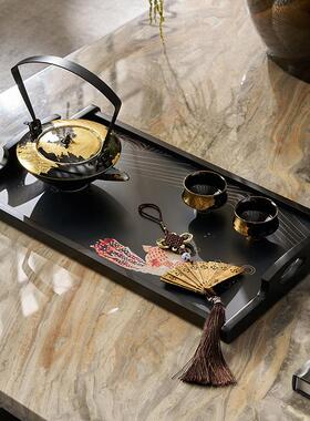 新中式酒店会所大堂休息区茶几托盘陶瓷溜金色方壶茶具道具装饰品