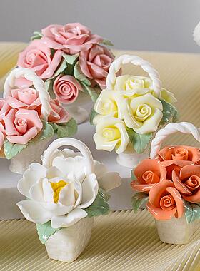 陶瓷手工迷你花篮摆件家居装饰创意花朵茶几客厅桌面仿真花工艺品