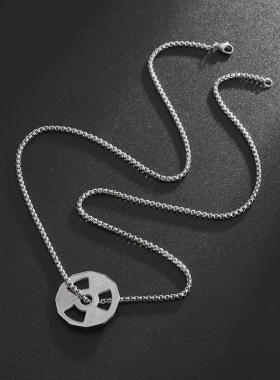 欧美新款杠铃哑铃片配饰新品不锈钢珍珠项链男士吊坠饰品颈链