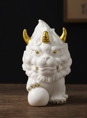 速发可爱陶瓷麒财摆件潮对小号客厅招麟办公室桌面国一家居装饰品