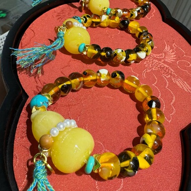 蜜蜡葫芦手链花珀手串有福有禄长命富贵手串女款高颜值琥珀手串