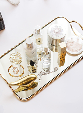 速发米诺 轻奢镜面金属双耳托盘方香槟金 简长极形装饰盘客厅摆件