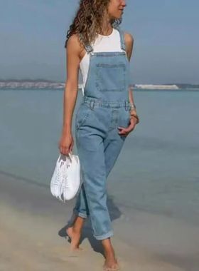 Denim overalls oversized women's pants牛仔背带裤大码纯色女裤