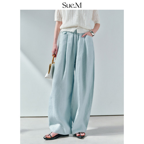 Sue.M 宽松亚麻弯刀裤女士通勤百搭慵懒松弛感老钱风休闲阔腿裤女 - 图0