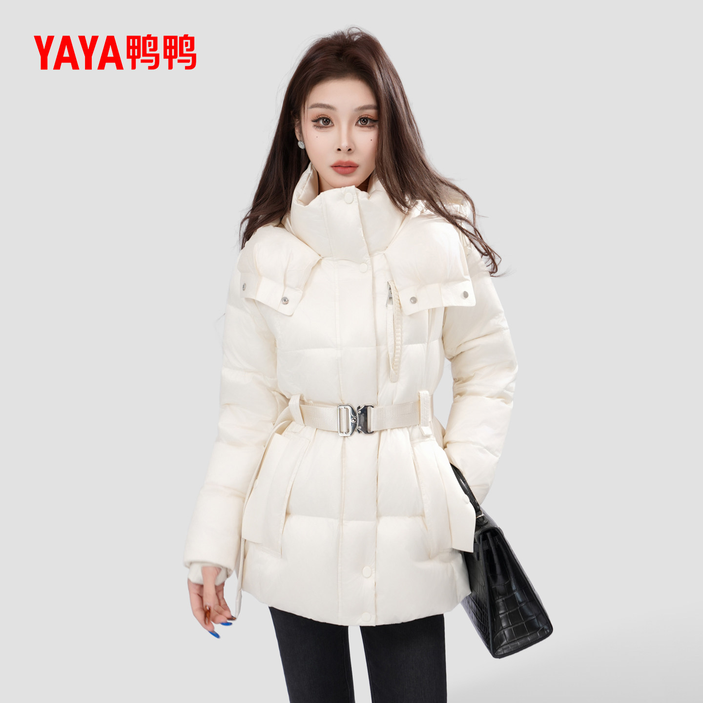 【鞠婧祎同款】YAYA鸭鸭2025新款气质收腰羽绒服连帽宽松外套女 - 图0