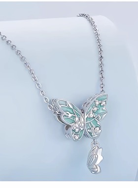 蓝色蝴蝶项链吊坠流苏纯银爆闪幻影女款双层贝母翅膀碎冰蓝日常
