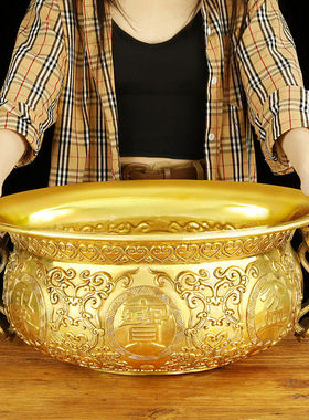 黄铜聚宝盆摆件双龙铜盆家居客厅店铺装饰工艺开业礼